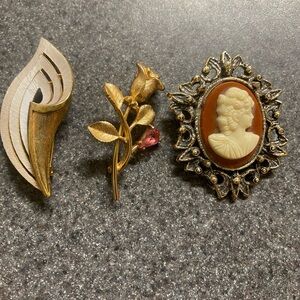 Vintage Brooch Trio - Gold Tone Floral, Cameo & Abstract Pins